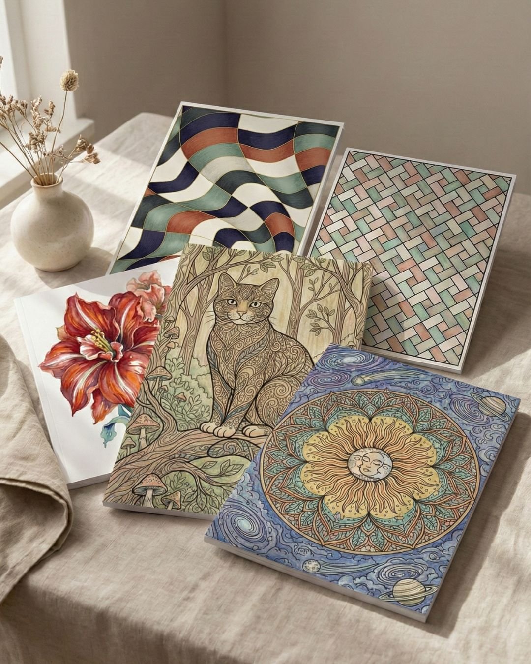 Mesa clara con dibujos y lápices de colores - Calma Color